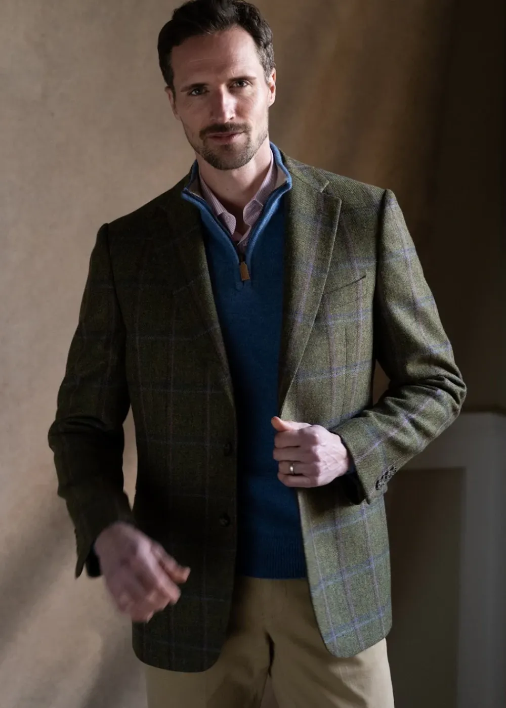 Discount Alnmouth Tweed Jacket - Moss Green with Navy and Burgundy Check Tweed & Tailored Jackets