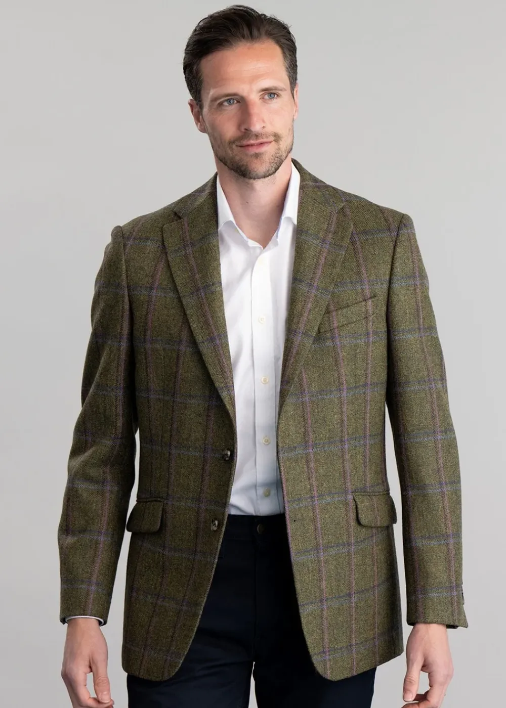 Discount Alnmouth Tweed Jacket - Moss Green with Navy and Burgundy Check Tweed & Tailored Jackets