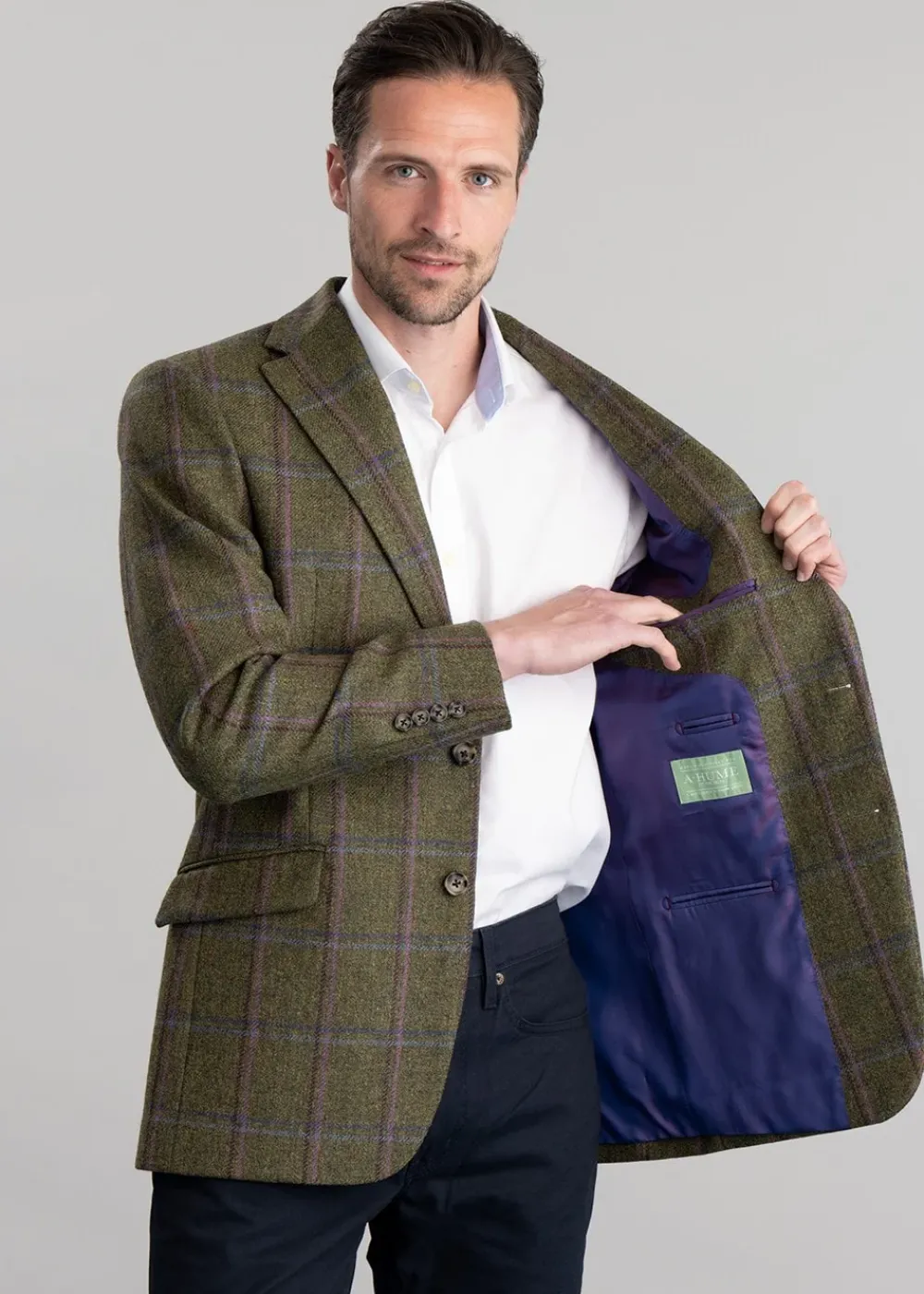 Discount Alnmouth Tweed Jacket - Moss Green with Navy and Burgundy Check Tweed & Tailored Jackets