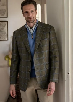 Best Amble Tweed Jacket - Olive with Sky Blue and Navy Check Tweed & Tailored Jackets