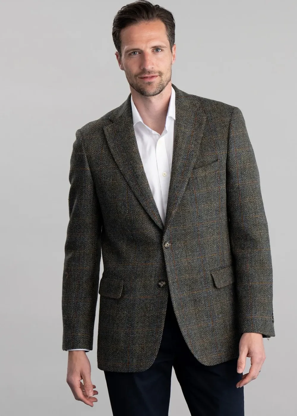 Discount Belford Harris Tweed Jacket - Olive Herringbone with Sienna, Rust and Blue Check Tweed & Tailored Jackets