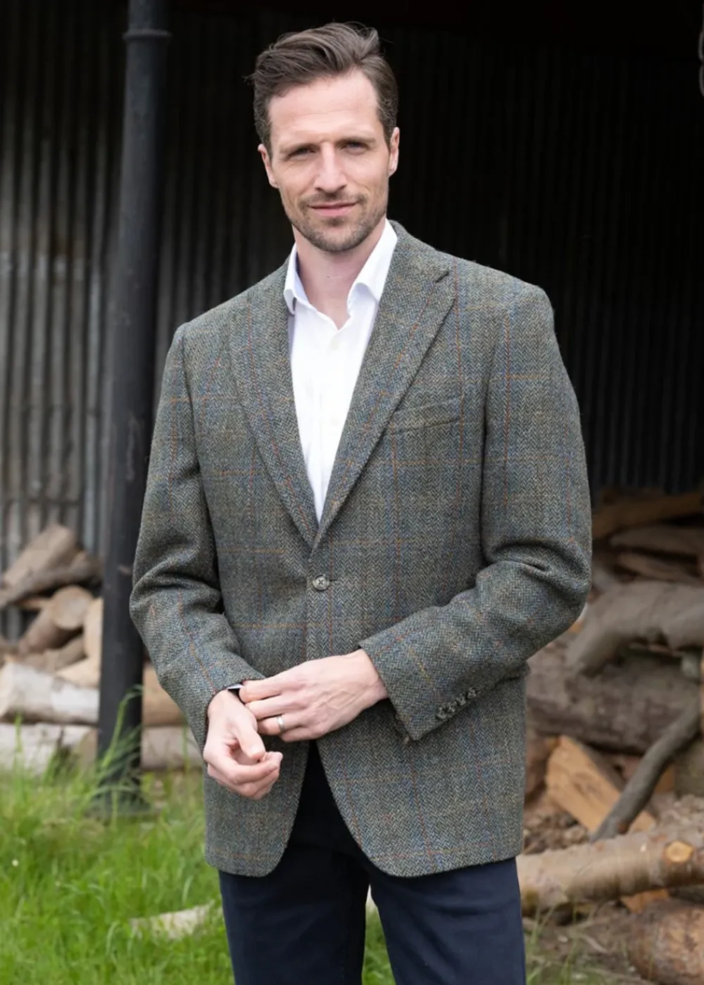 Discount Belford Harris Tweed Jacket - Olive Herringbone with Sienna, Rust and Blue Check Tweed & Tailored Jackets