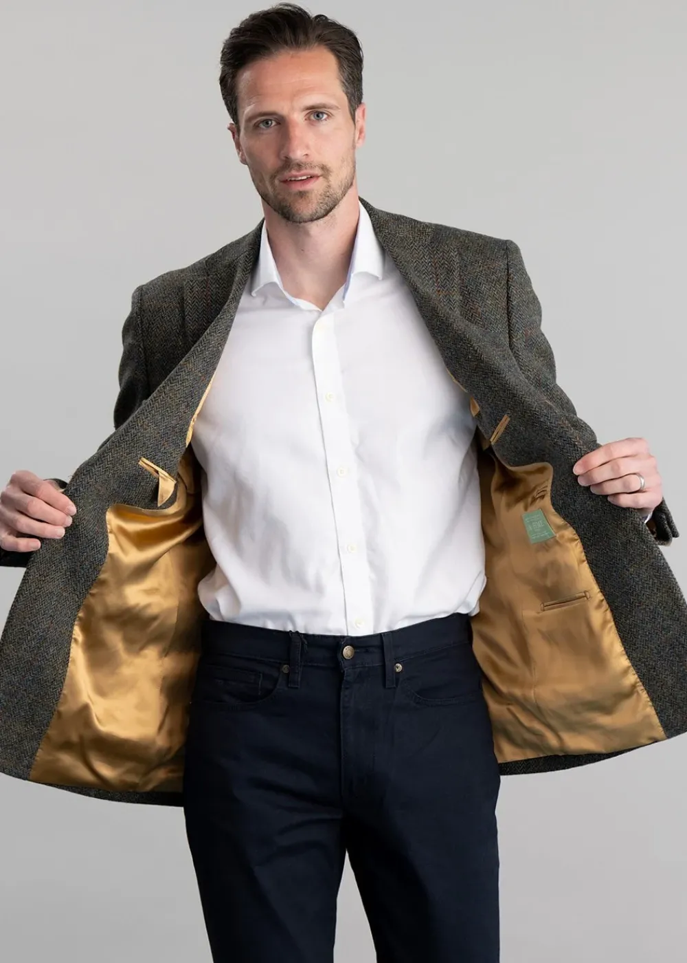 Discount Belford Harris Tweed Jacket - Olive Herringbone with Sienna, Rust and Blue Check Tweed & Tailored Jackets