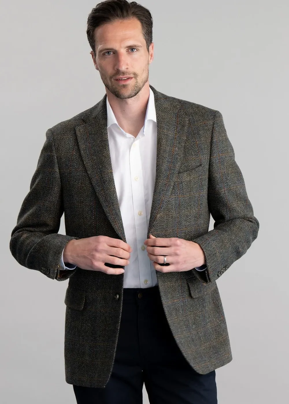 Discount Belford Harris Tweed Jacket - Olive Herringbone with Sienna, Rust and Blue Check Tweed & Tailored Jackets