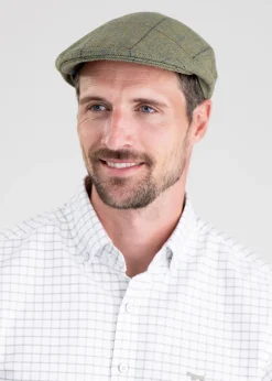 Fashion Belsay Tweed Cap - Lovat with Mid Blue and Burgundy Check Tweed Flat Caps|Hats & Caps