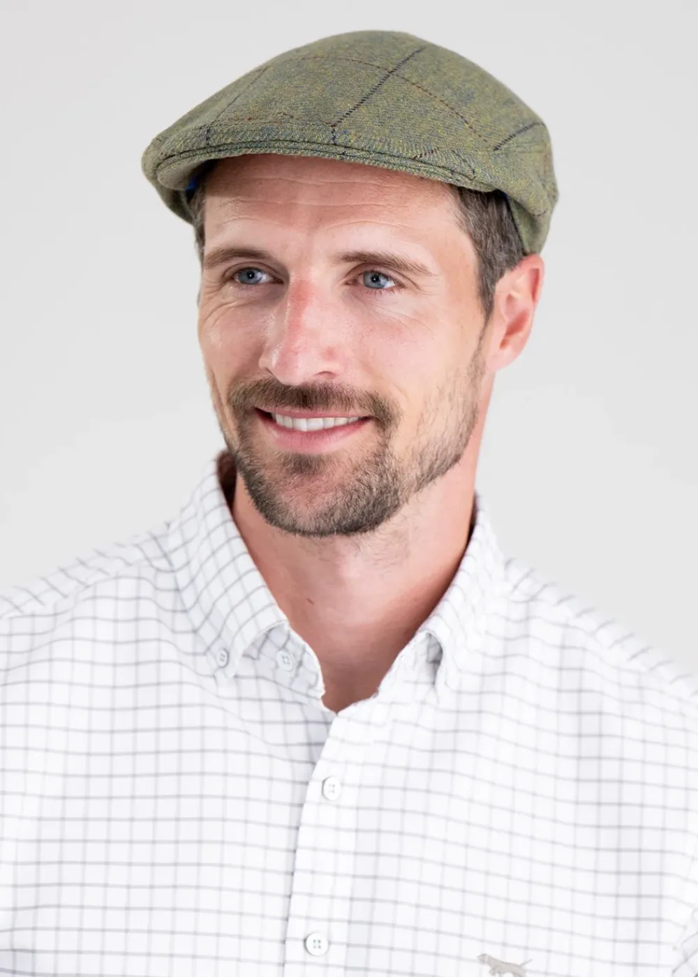 Fashion Belsay Tweed Cap - Lovat with Mid Blue and Burgundy Check Tweed Flat Caps|Hats & Caps