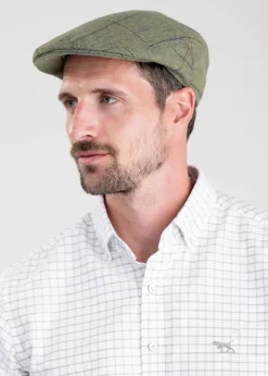 Fashion Belsay Tweed Cap - Lovat with Mid Blue and Burgundy Check Tweed Flat Caps|Hats & Caps