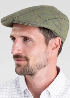 Fashion Belsay Tweed Cap - Lovat with Mid Blue and Burgundy Check Tweed Flat Caps|Hats & Caps