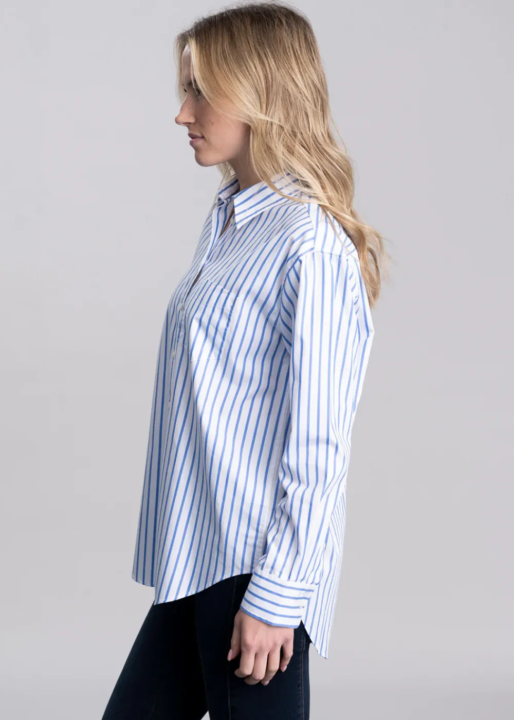 Fashion Classic Poplin Striped Shirt - Perfect Blue Women Shirts And Blouses