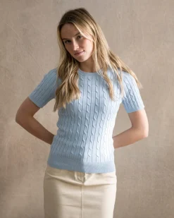 Fashion Cotton Cable Short Sleeve Crew Neck - Women Knitwear