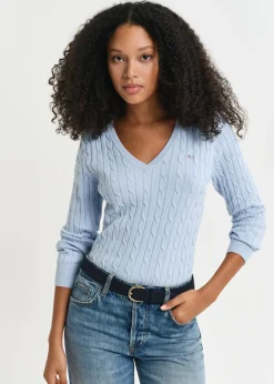 Discount Cotton Cable V-Neck - Fresh Blue Women Knitwear