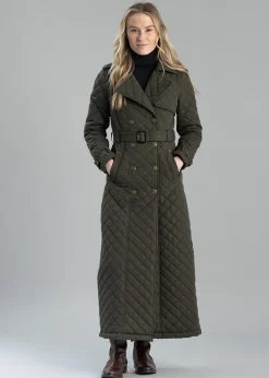 Hot Enstone Quilted Trench Coat - Full Length - Dark Olive Women Coats & Jackets