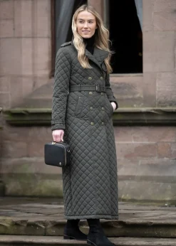 Hot Enstone Quilted Trench Coat - Full Length - Dark Olive Women Coats & Jackets