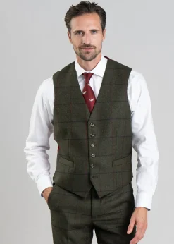 Discount Etal Tweed Waistcoat - Olive Twill with Navy and Red Check Waistcoats|Suits