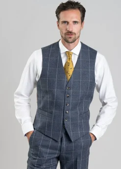 Discount Ford Tweed Waistcoat - Grey and Blue Herringbone with Coffee and Cream Ch Waistcoats|Suits