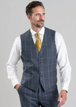 Discount Ford Tweed Waistcoat - Grey and Blue Herringbone with Coffee and Cream Ch Waistcoats|Suits