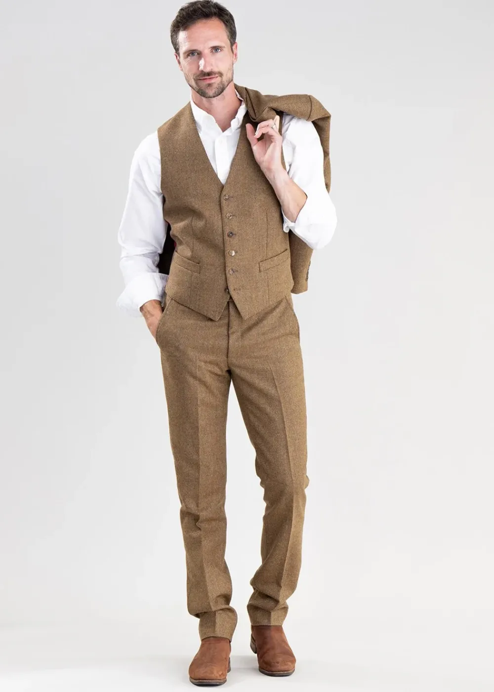 Clearance Heatherslaw Tweed Trousers - Earth Brown with Red and Gold Overcheck Trousers & Jeans|Suits