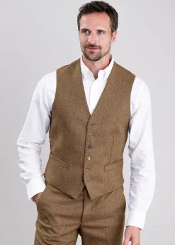 Sale Heatherslaw Tweed Waistcoat - Earth Brown with Red and Gold Overcheck Waistcoats|Suits