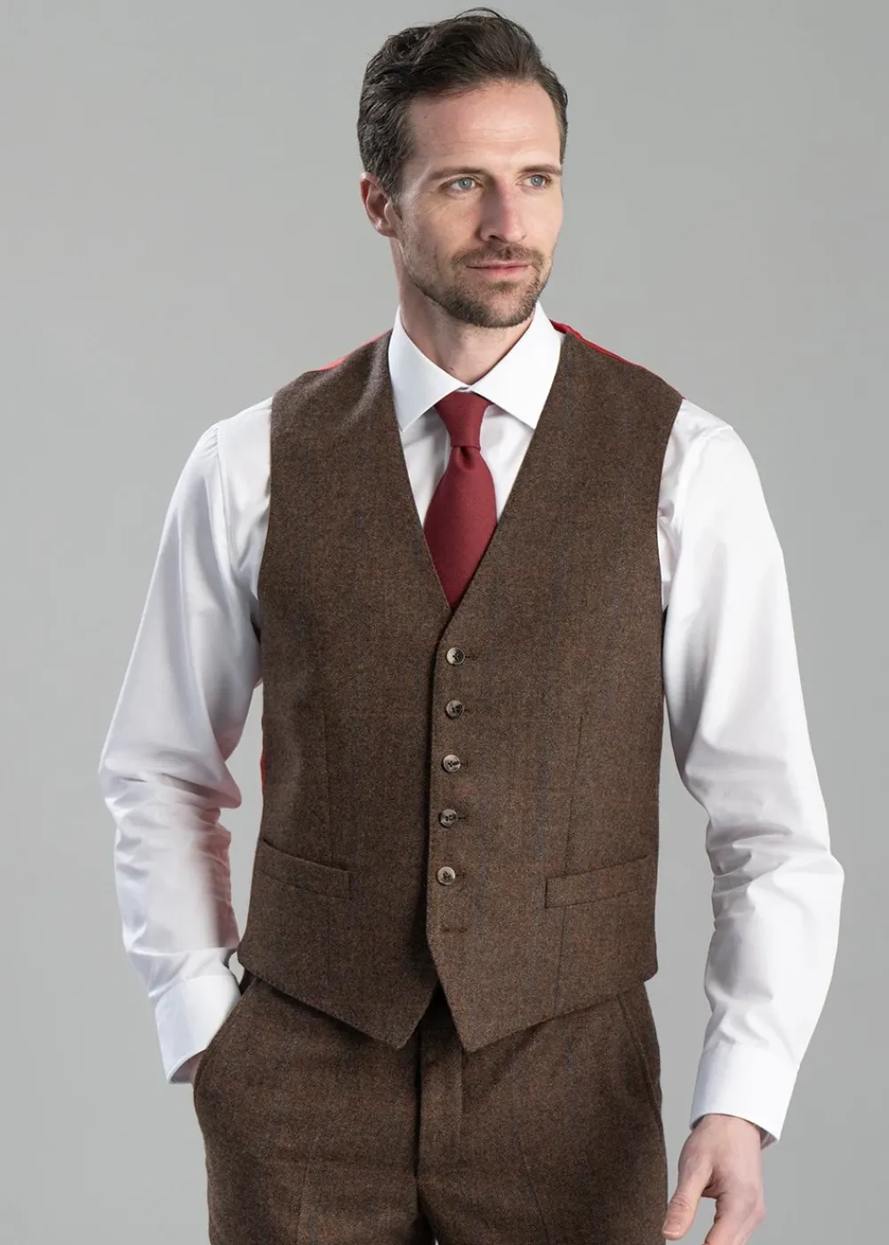 Hot Kimmerston Tweed Waistcoat - Coffee Twill with Blue and Red Check Waistcoats|Suits