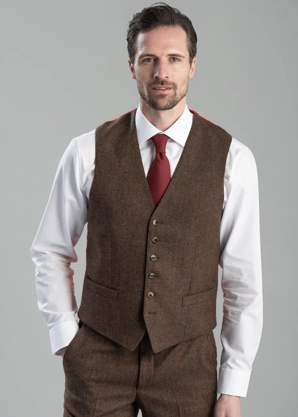 Hot Kimmerston Tweed Waistcoat - Coffee Twill with Blue and Red Check Waistcoats|Suits