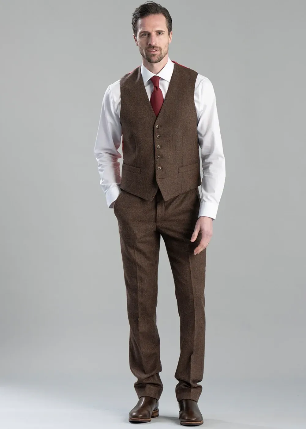 Hot Kimmerston Tweed Waistcoat - Coffee Twill with Blue and Red Check Waistcoats|Suits
