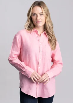 Fashion Linen Shirt - Geranium Pink Women Shirts And Blouses