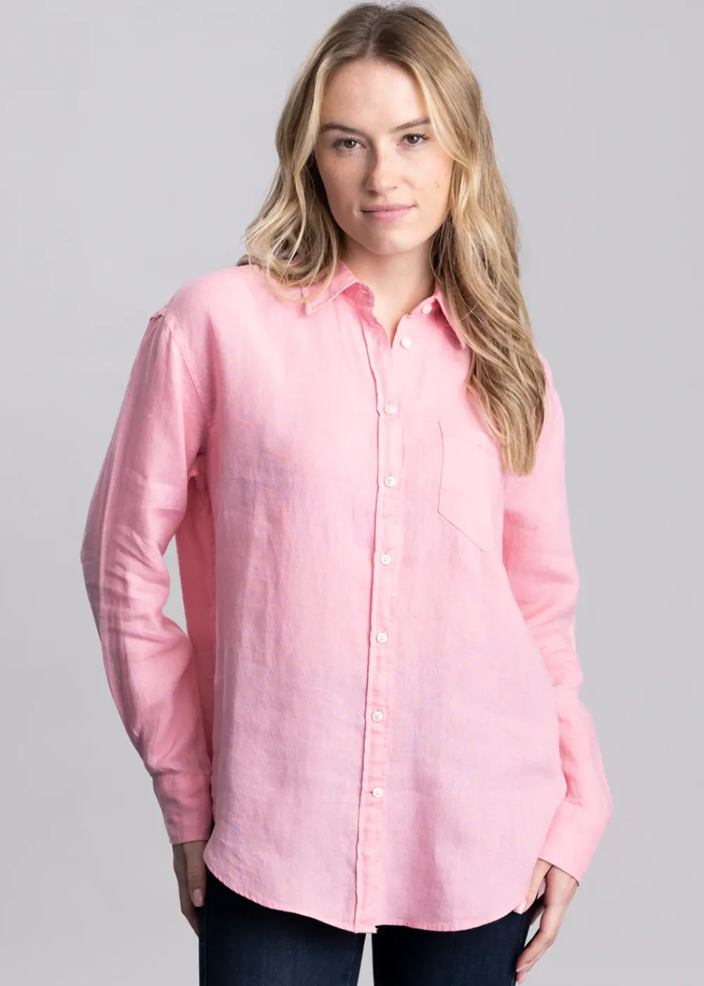 Fashion Linen Shirt - Geranium Pink Women Shirts And Blouses