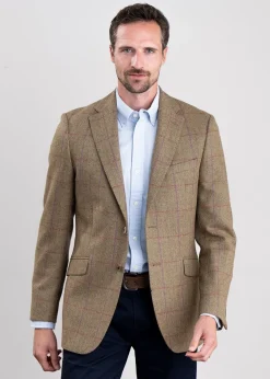 Clearance Lowick Tweed Jacket - Olive Herringbone with Red and Aubergine Overcheck Tweed & Tailored Jackets