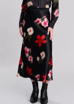 Online Midi Floral Print A-Line Skirt - Black Women Skirts