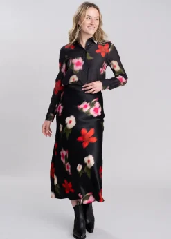 Online Midi Floral Print A-Line Skirt - Black Women Skirts