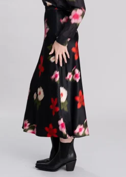 Online Midi Floral Print A-Line Skirt - Black Women Skirts