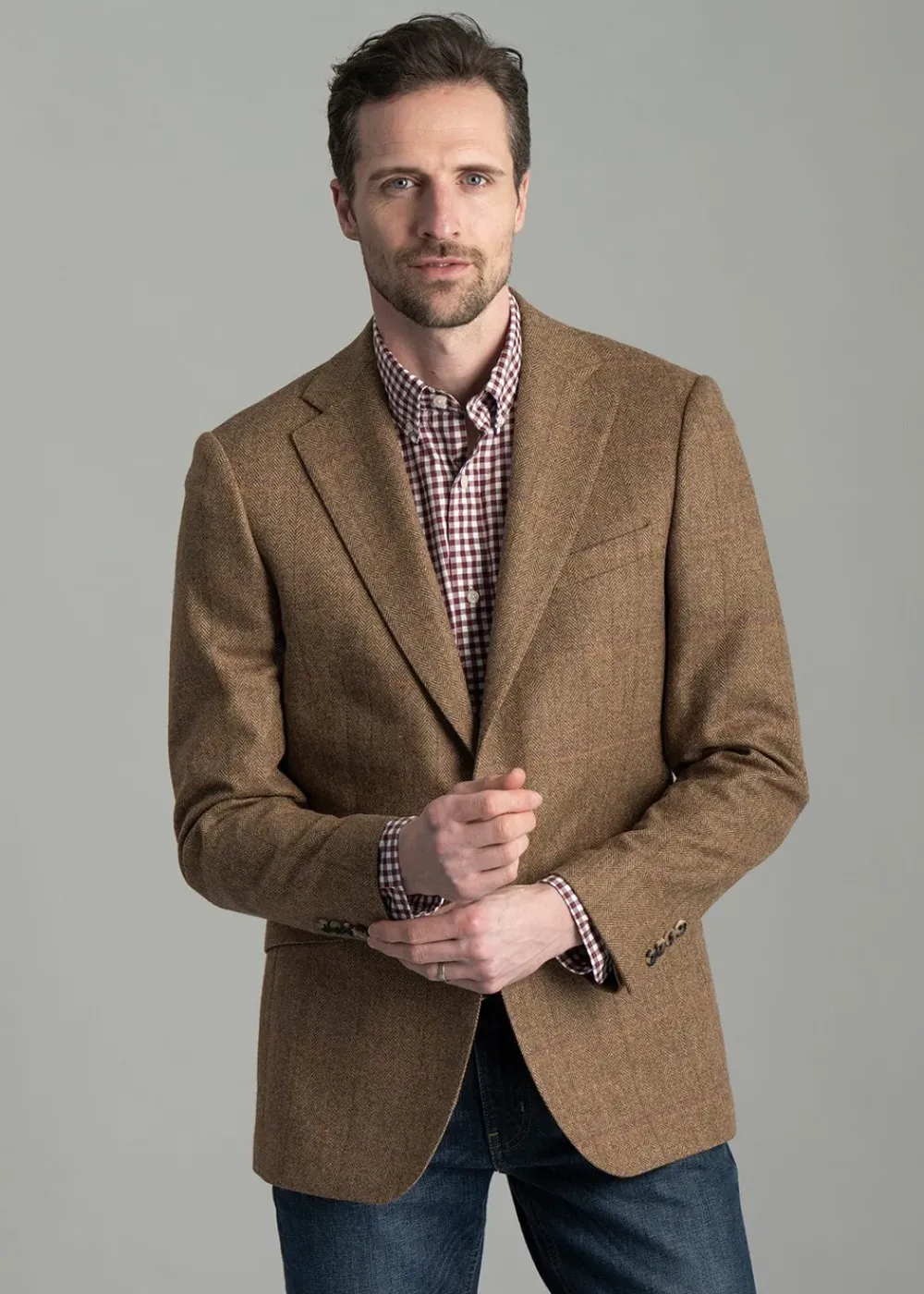 Best Milfield Tweed Jacket - Brown Herringbone with Purple and Green Overcheck Tweed & Tailored Jackets