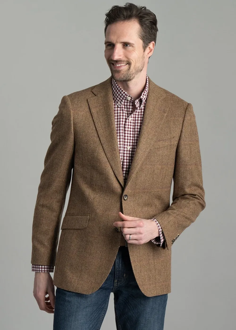 Best Milfield Tweed Jacket - Brown Herringbone with Purple and Green Overcheck Tweed & Tailored Jackets