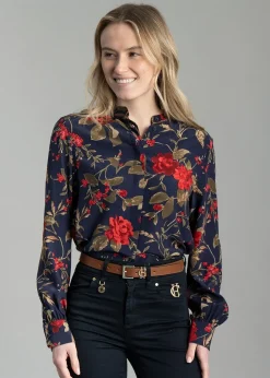 Sale Rose Print Blouse - Classic Blue Women Shirts And Blouses