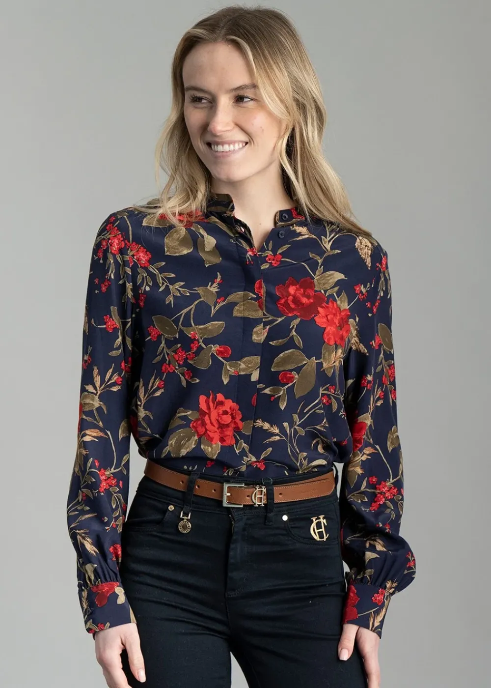 Sale Rose Print Blouse - Classic Blue Women Shirts And Blouses