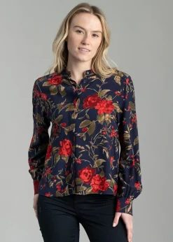 Sale Rose Print Blouse - Classic Blue Women Shirts And Blouses