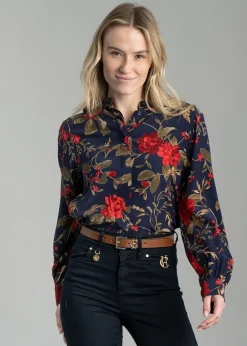 Sale Rose Print Blouse - Classic Blue Women Shirts And Blouses
