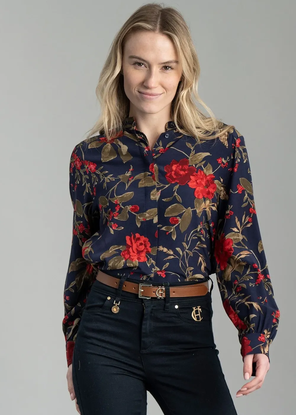 Sale Rose Print Blouse - Classic Blue Women Shirts And Blouses