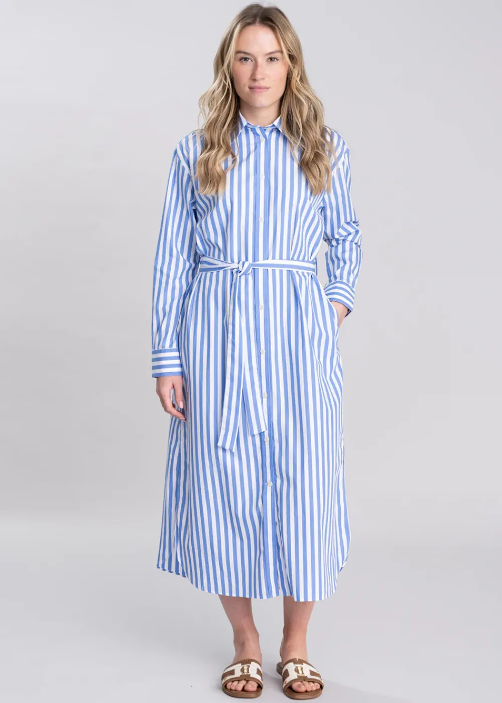 Sale Striped Poplin Shirt Dress - White Women Dresses