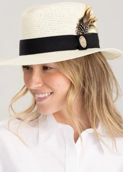 Fashion The Aldeburgh Fedora with Guinea and Pheasant Feather - Cream Women Hats & Caps